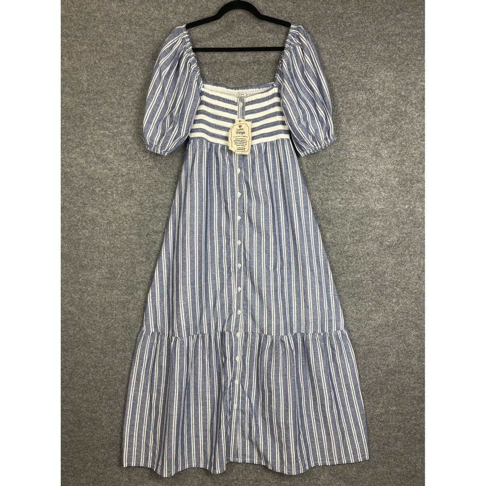 NEW Emerson Fry Love Tomas Dress M/L Blue Striped New Cotton Puff Sleeve Maxi